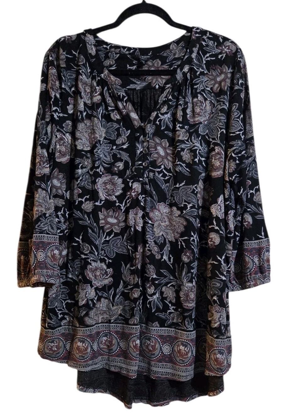 Lucky Brand Shirt Women 2X Black Boho Peasant Tunic Blouse Top Floral 3/4 Sleeve